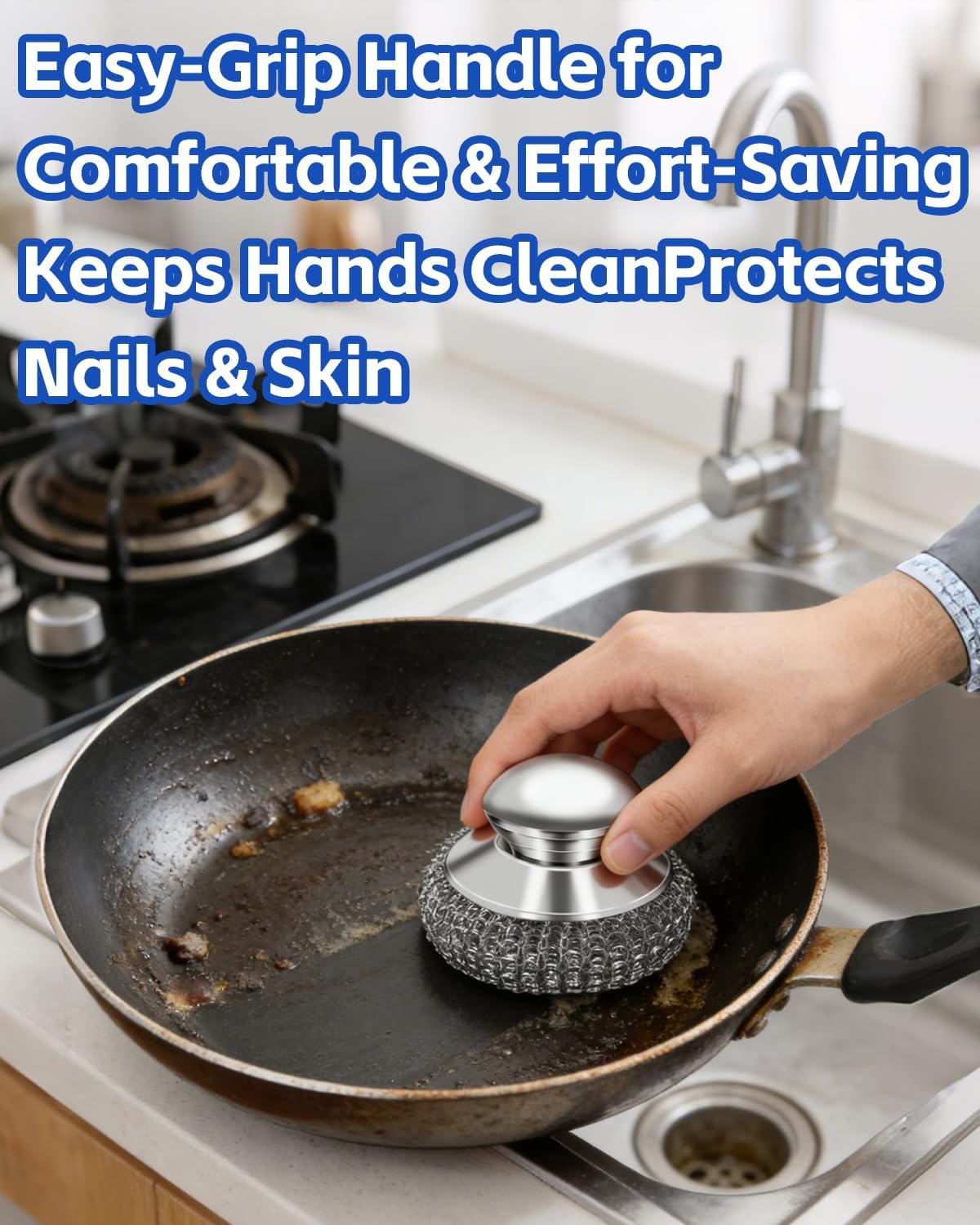 Stainless Steel Scrubber with Handle, Includes 2 Replacement Steel Wool Pads, Heavy-Duty Scouring Brush for Pots, Pans, Stovetops and Kitchen Cleaning