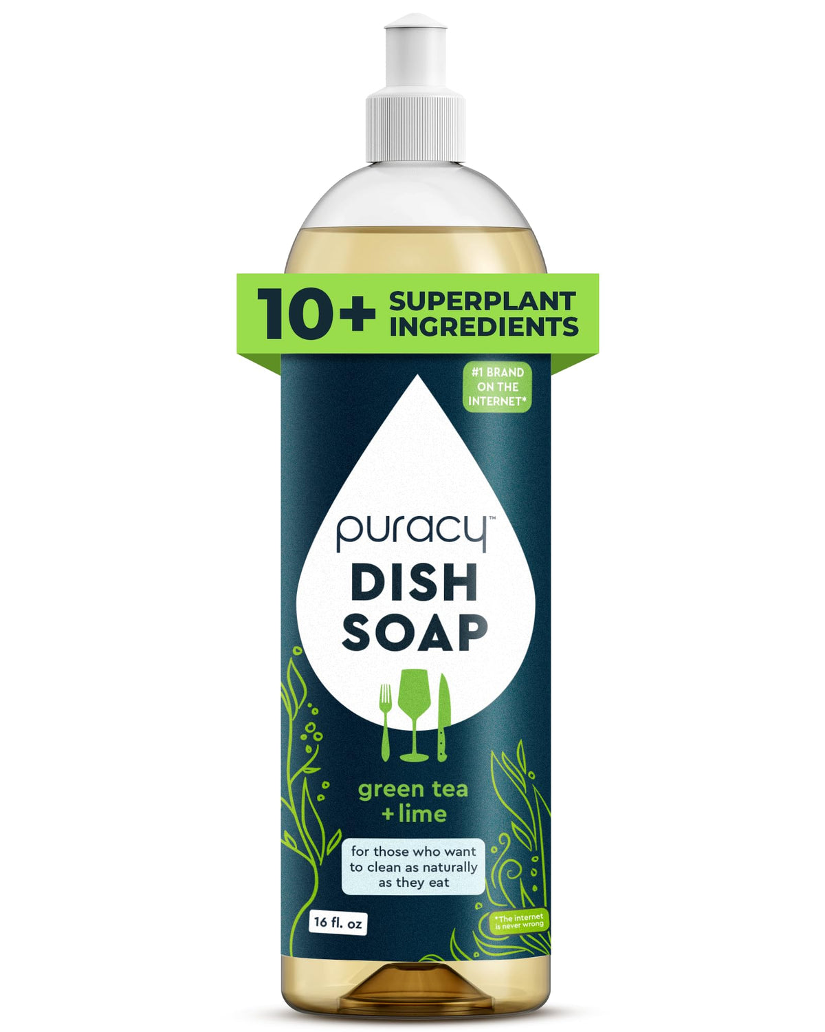 Puracy Natural Dish Soap Refill - Skin-Softening Plant-Based Liquid Dishwashing Detergent Soap, Clean-Rinsing Water-Sheeting Formula (Green Tea & Lime, 48 fl oz)
