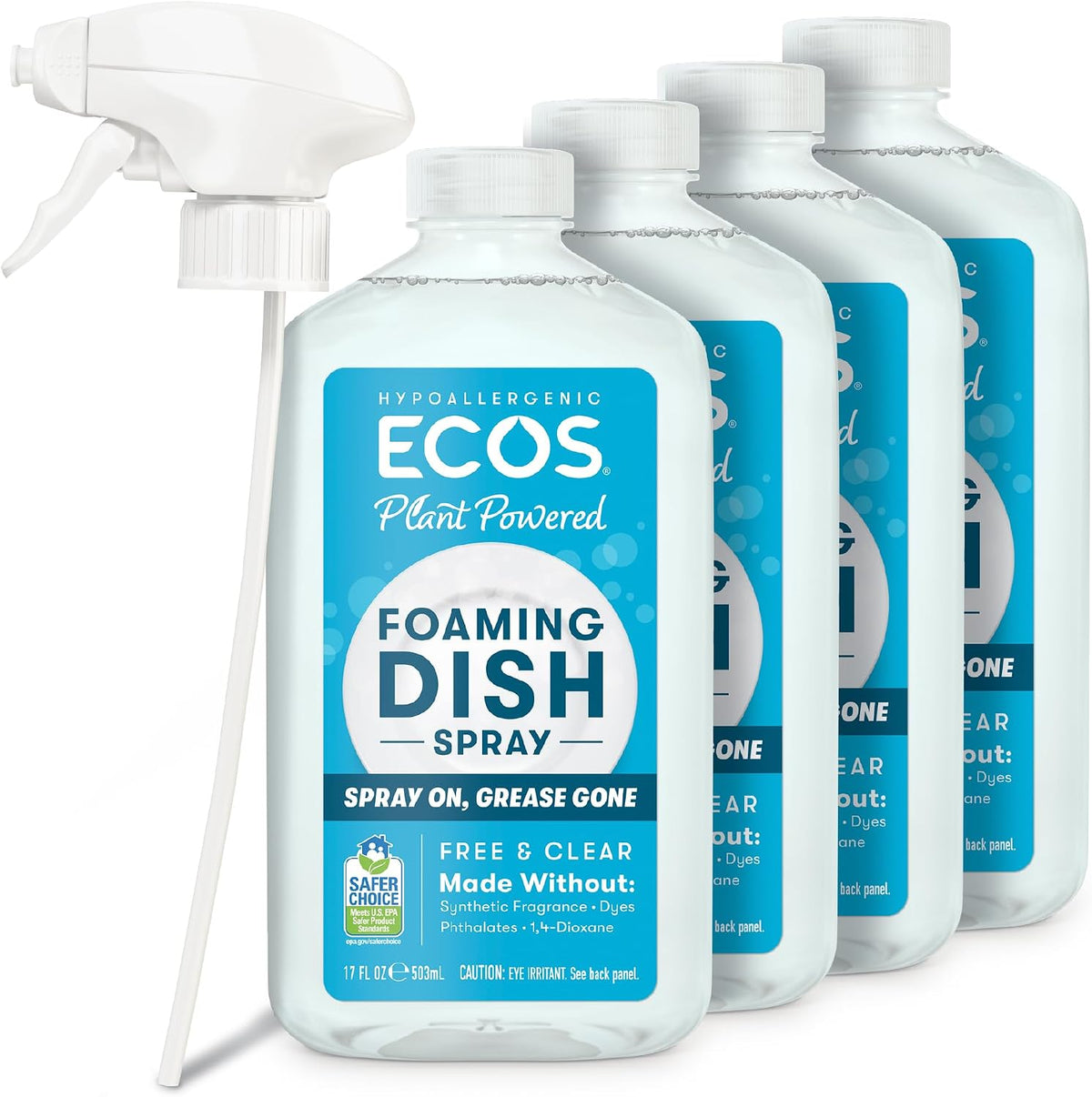 ECOS Foaming Dish Soap, Powerful Spray-On Formula, Saves Water, Wipe & Rinse Dish Cleaner - Hypoallergenic - Free & Clear, 17 Fl Oz (Pack of 4)