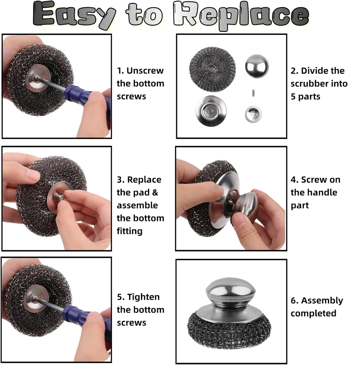6 Pcs Steel Wool Scrubber Stainless Steel Scrubber with Handled