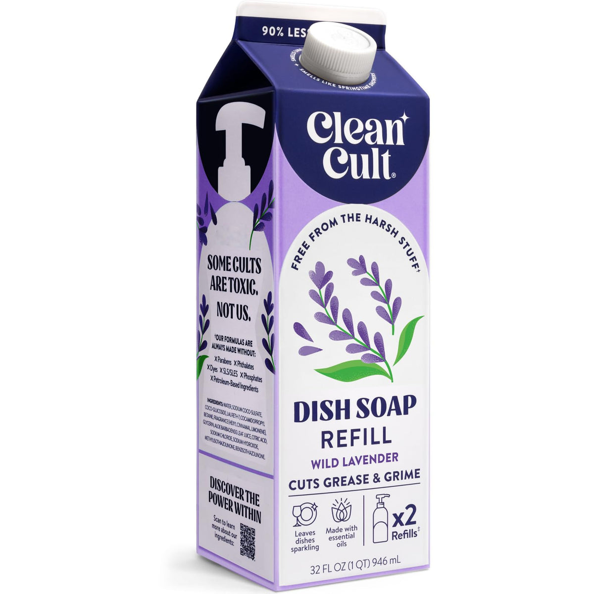 Cleancult Dish Soap Liquid Refill (32oz, 1 Pack) - Plant Based Cleaning Power - Dish Soap that Cuts Grease & Grime - Free of Harsh Chemicals - Uses 90% Less Plastic - Lemon Verbena