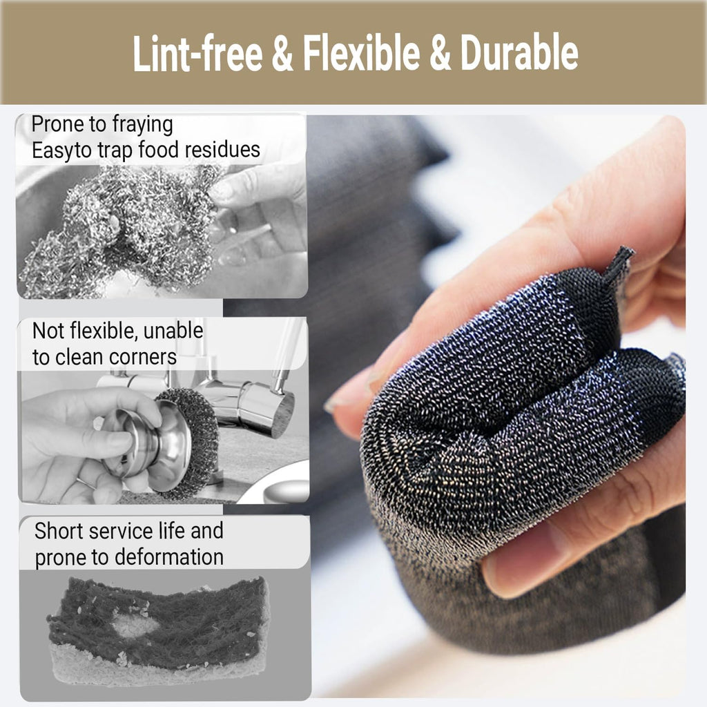 6 Pack Heavy Duty Steel Wool Scrubber Sponges, Stainless Steel Scrubbing Sponge for Pots, Pans & Grills, Multi-Surface Kitchen Dish Scrubber for Cast Iron & Griddle, Black