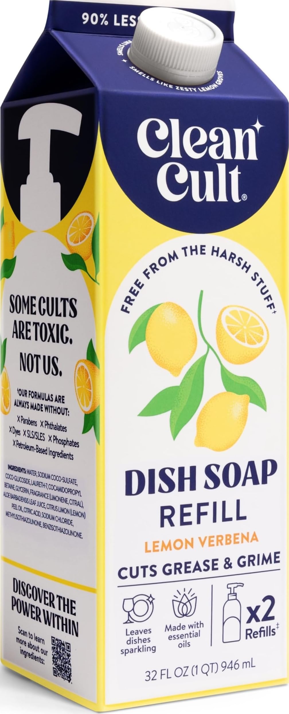 Cleancult Dish Soap Liquid Refill (32oz, 1 Pack) - Plant Based Cleaning Power - Dish Soap that Cuts Grease & Grime - Free of Harsh Chemicals - Uses 90% Less Plastic - Lemon Verbena