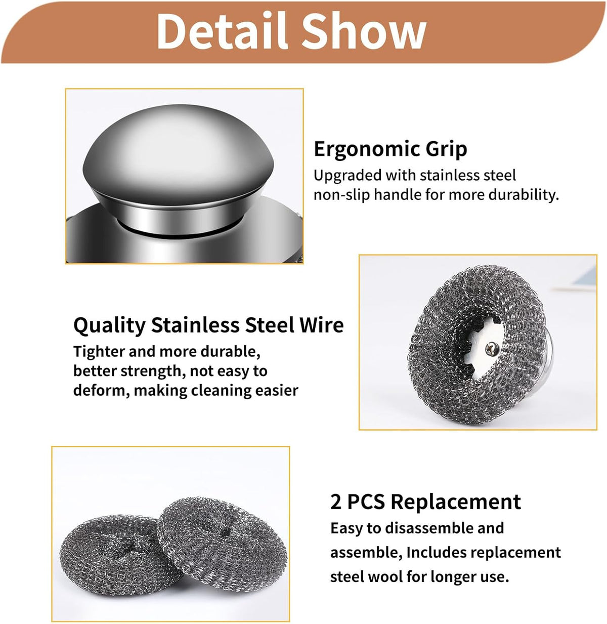 4pcs Steel Wool Scrubber with Replacement Wire Sponge Pads, Steel Scrubber