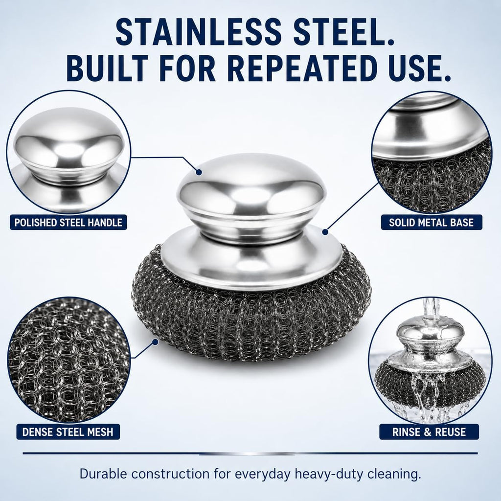 HiramWare Steel Wool Scrubbers with Stainless Steel Handle, 5 Pads