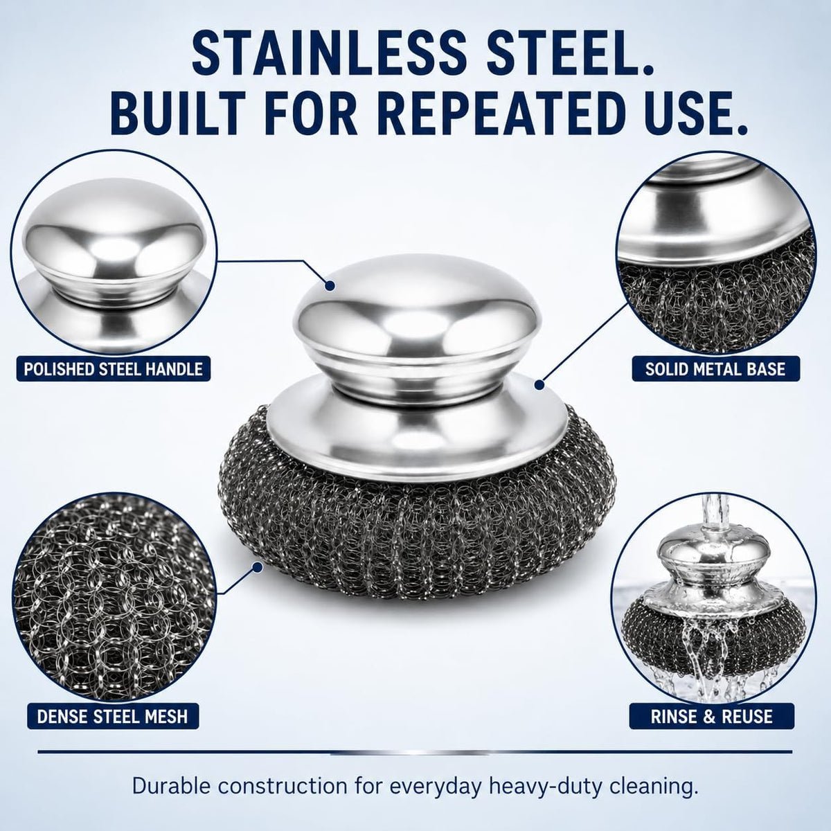 HiramWare Steel Wool Scrubbers with Stainless Steel Handle, 5 Pads