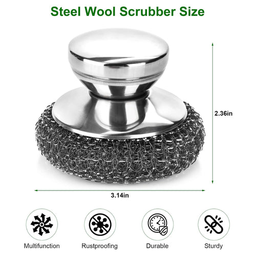 4PCS Steel Wool Scrubber Pads, Stainless Steel Scrubber Set with 3Pcs Steel Wool Pads, Steel Scrubber for Dishes, Ideal for Cleaning Cast Iron, Pots, Pans, Grills, Stoves, Sink, Kitchen Household