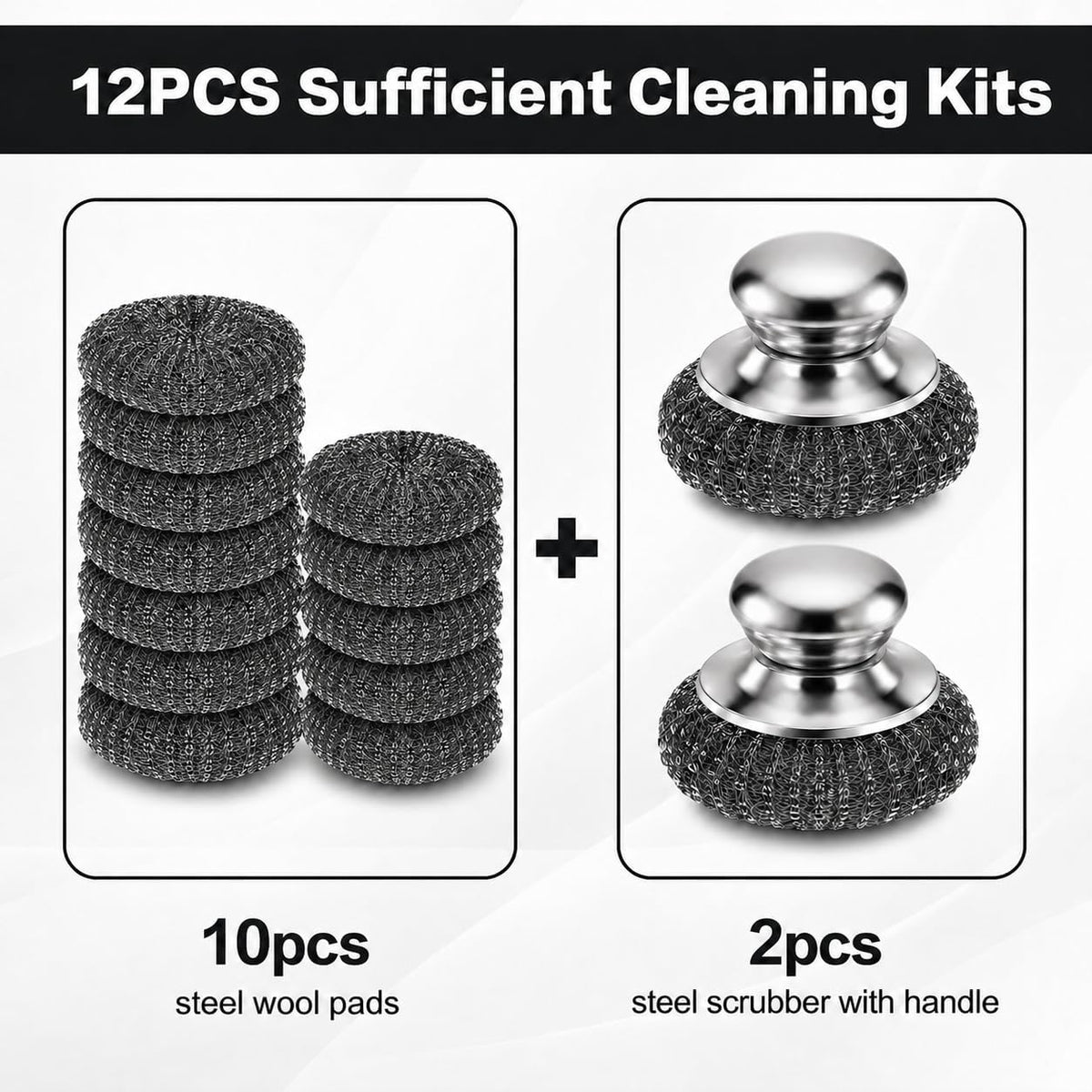 12PCS Steel Wool Scrubber，Steel Wool Pads with 2Pcs Handle,Stainless Steel Scrubber for Cast Iron Scrubber and Pot Scrubber for Kitchen Cast Iron, Kitchen Pots, Pans, Grill, Stoves, Sink