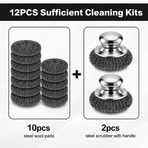 12PCS Steel Wool Scrubber，Steel Wool Pads with 2Pcs Handle,Stainless Steel Scrubber for Cast Iron Scrubber and Pot Scrubber for Kitchen Cast Iron, Kitchen Pots, Pans, Grill, Stoves, Sink