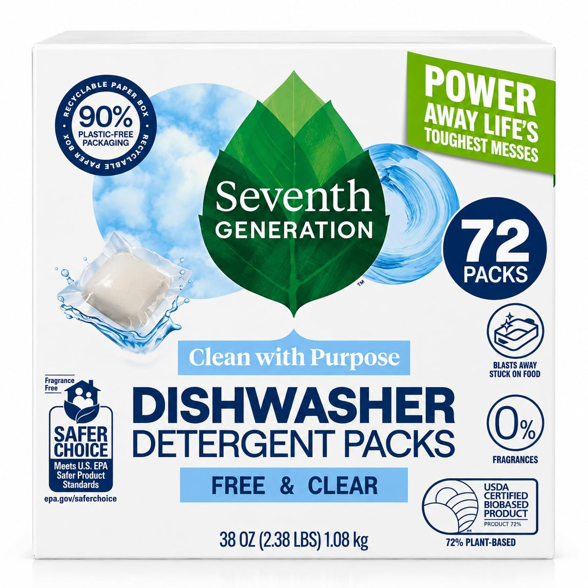 Seventh Generation Free & Clear Dishwasher Detergent Packs, 72 Count