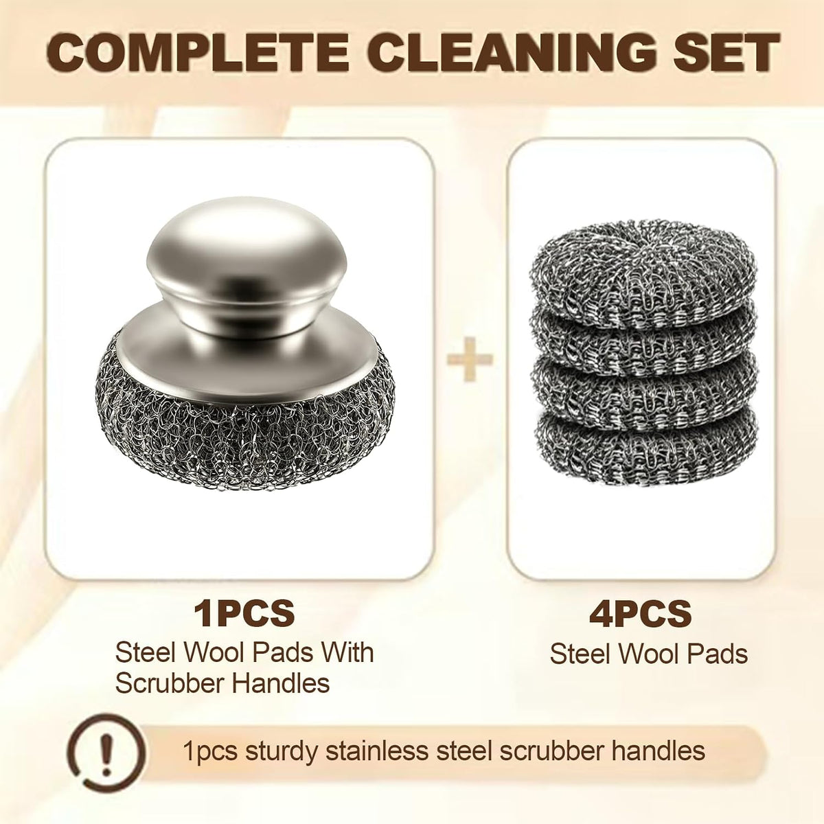 Steel Wool Scrubber, Stainless Steel Scrubber Set-1PCS Dishe Scrubber with Handle with 4PCS Replacement Steel Wool Pads, for Cleaning Dishes, Stoves, Pots and Pans, Grill, Wash Sink, Kitchen