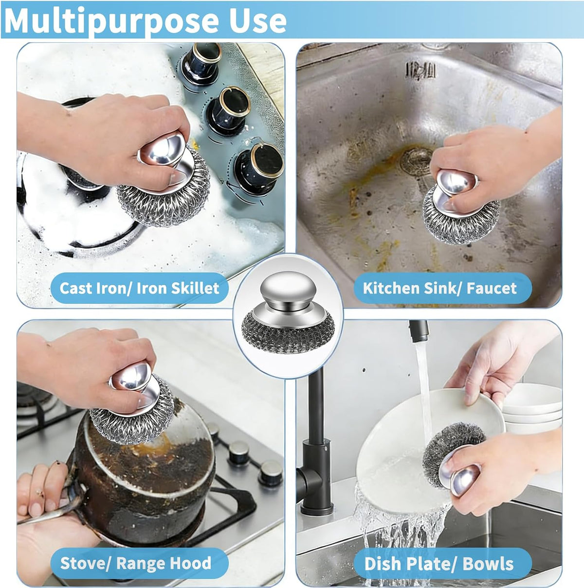 5 Pcs Steel Wool Scrubber Set with Handle, Stainless Steel Scouring Pads for Cast Iron Pans, Grill & Sink Cleaning (1 Scrubber + 4 Pads)