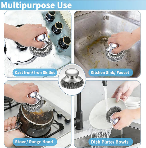 5 Pcs Steel Wool Scrubber Set with Handle, Stainless Steel Scouring Pads for Cast Iron Pans, Grill & Sink Cleaning (1 Scrubber + 4 Pads)