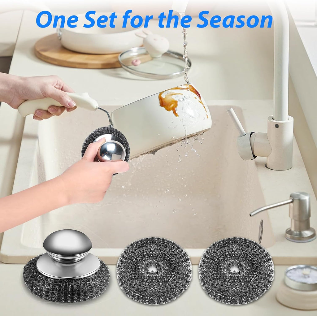 4-Pack Replaceable Steel Wool Scrubber with 2 Handles & 2 Brush Heads, Powerful Stainless Steel Cleaner for Pots, Pans, Grill, Stove Top - Remove Burnt Grease & Stubborn Grime