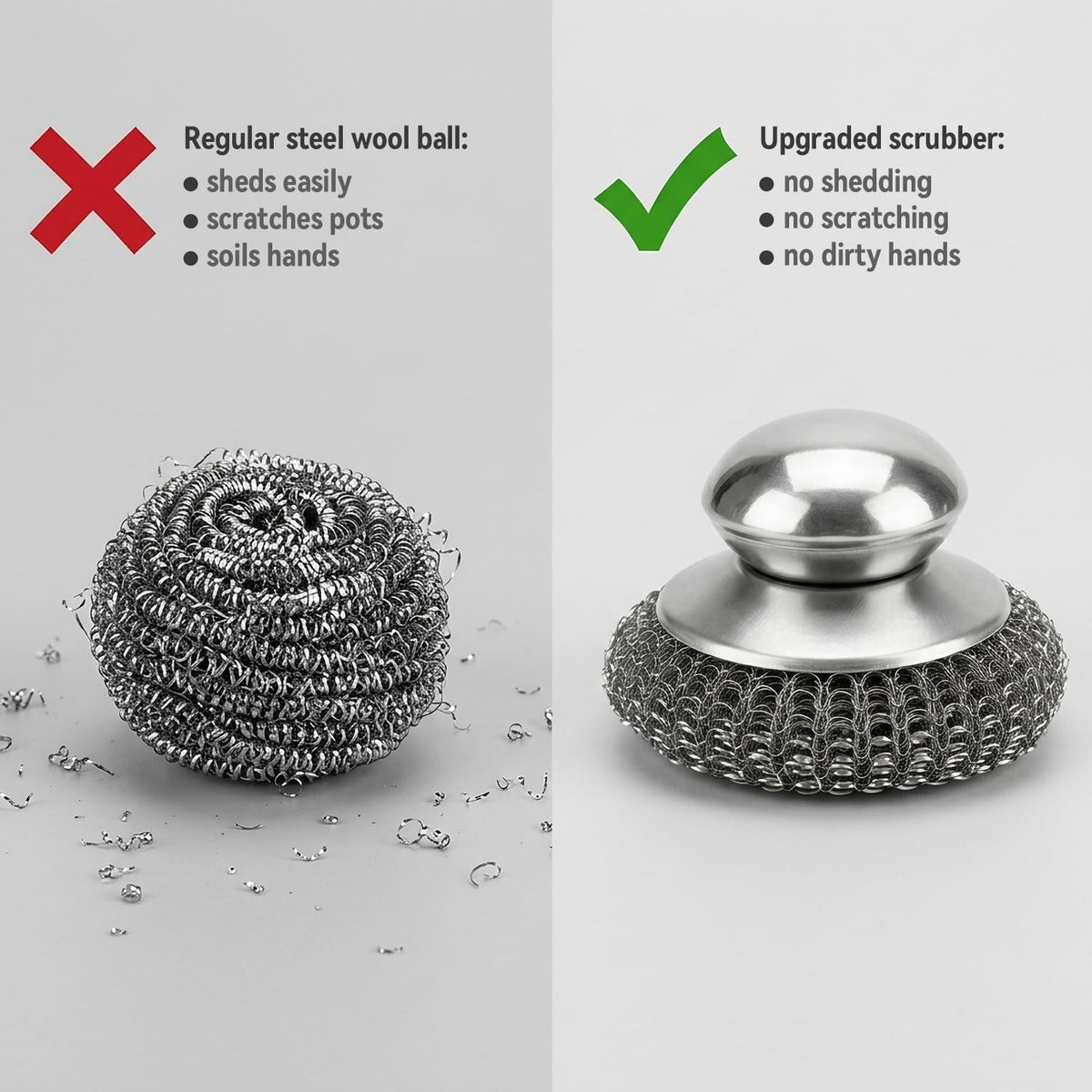 5 Pcs Steel Wool Scrubber with Handle: Stainless Steel Scrub Set for Cast Iron Scouring Stubborn Messes from Cast Iron, Pots, Pans, Grill, Stoves, Sink (1 Scrubber + 5 Pads)