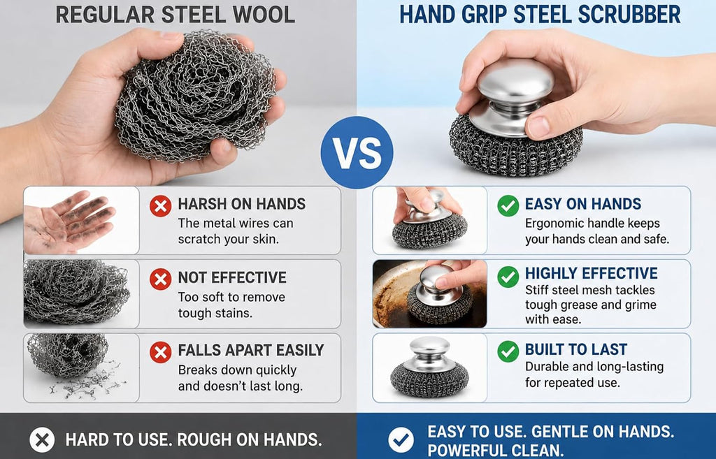HiramWare Steel Wool Scrubbers with Stainless Steel Handle, 5 Pads
