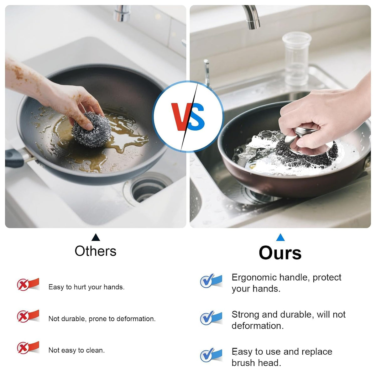 5PCS Stainless Steel Scrubber Pads, with 2Pcs Handle