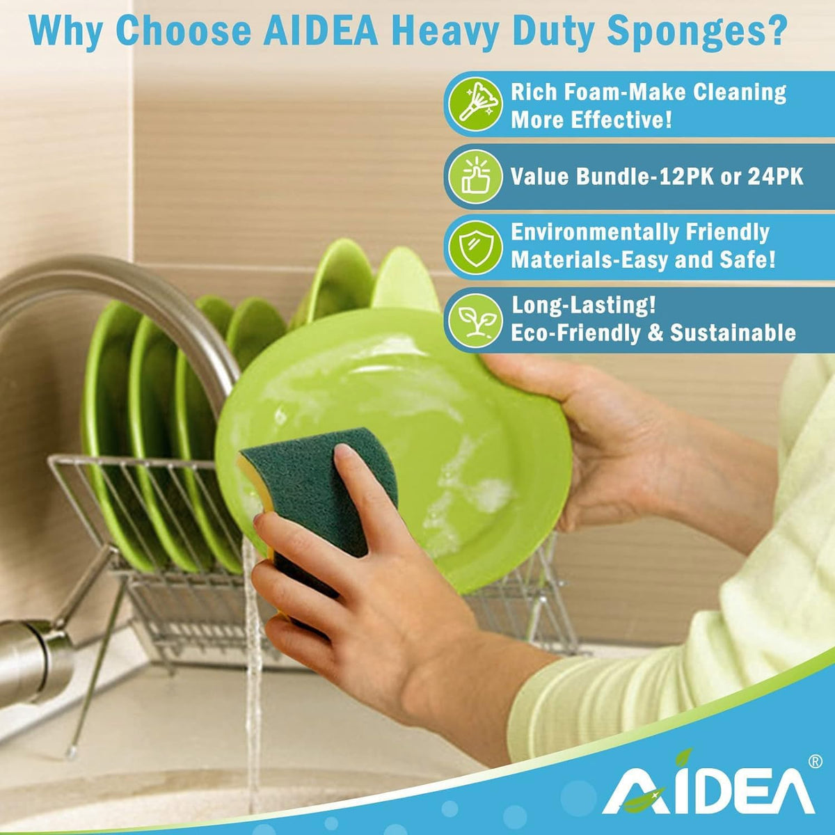 AIDEA Sponges Kitchen, 50 PK Heavy Duty Dish Sponge Kitchen, Scrub Sponges