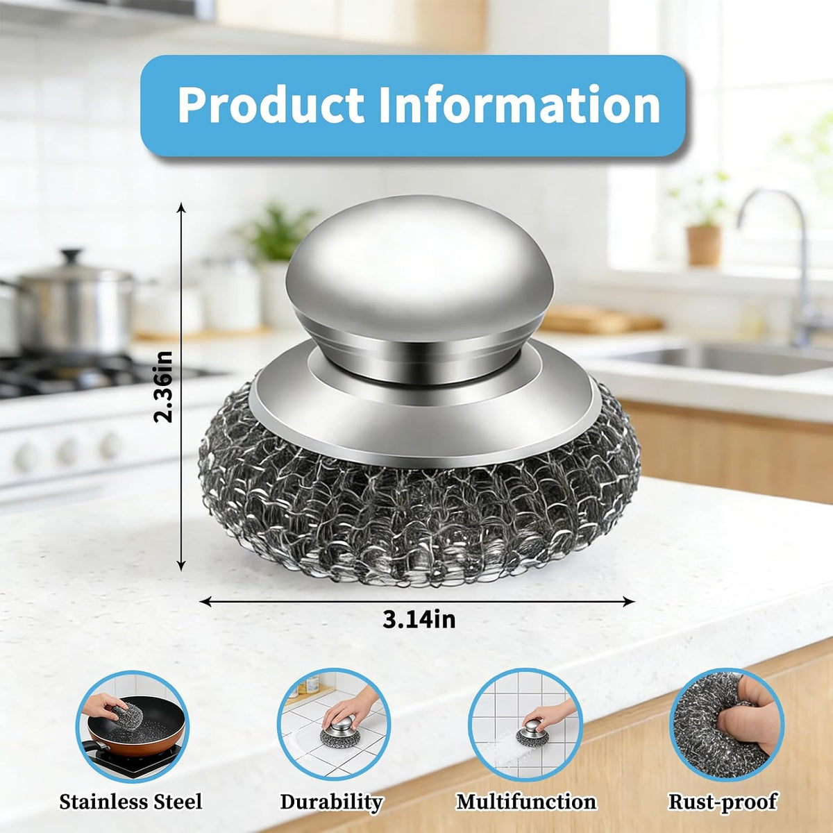 5 Pcs Steel Wool Scrubber Set with Handle, Stainless Steel Scouring Pads for Cast Iron Pans, Grill & Sink Cleaning (1 Scrubber + 4 Pads)