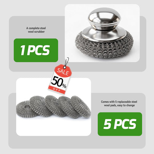 5 Pcs Steel Wool Scrubber with Handle: Stainless Steel Scrub Set for Cast Iron Scouring Stubborn Messes from Cast Iron, Pots, Pans, Grill, Stoves, Sink (1 Scrubber + 5 Pads)