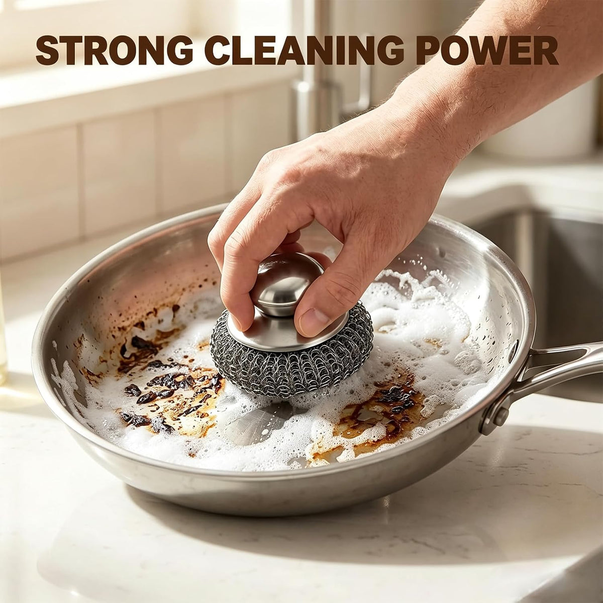 Steel Wool Scrubber, Stainless Steel Scrubber Set-1PCS Dishe Scrubber with Handle with 4PCS Replacement Steel Wool Pads, for Cleaning Dishes, Stoves, Pots and Pans, Grill, Wash Sink, Kitchen