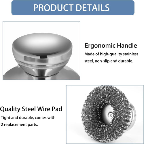 4Pcs Steel Wool Scrubber Set, Stainless Steel Scrubber with Stainless Steel Handle, for Cleaning Dishes, Cast Iron, Stock Pots, Pans, Griddles, Grills