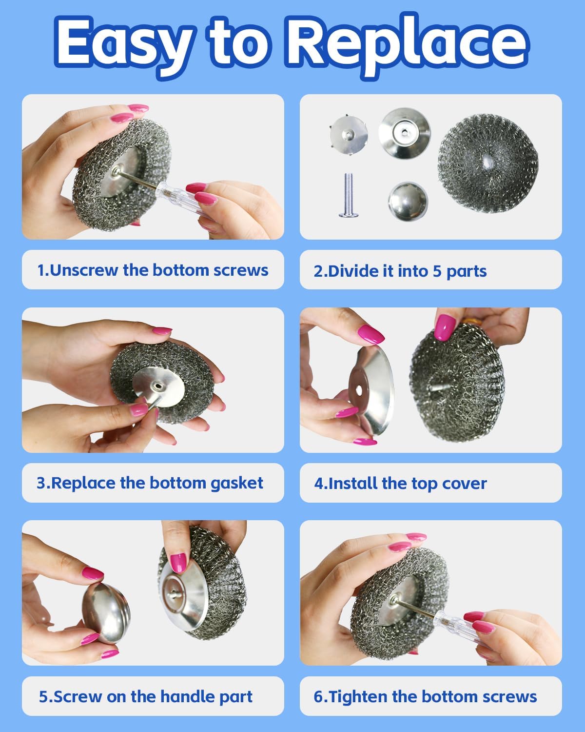 Stainless Steel Scrubber with Handle, Includes 2 Replacement Steel Wool Pads, Heavy-Duty Scouring Brush for Pots, Pans, Stovetops and Kitchen Cleaning