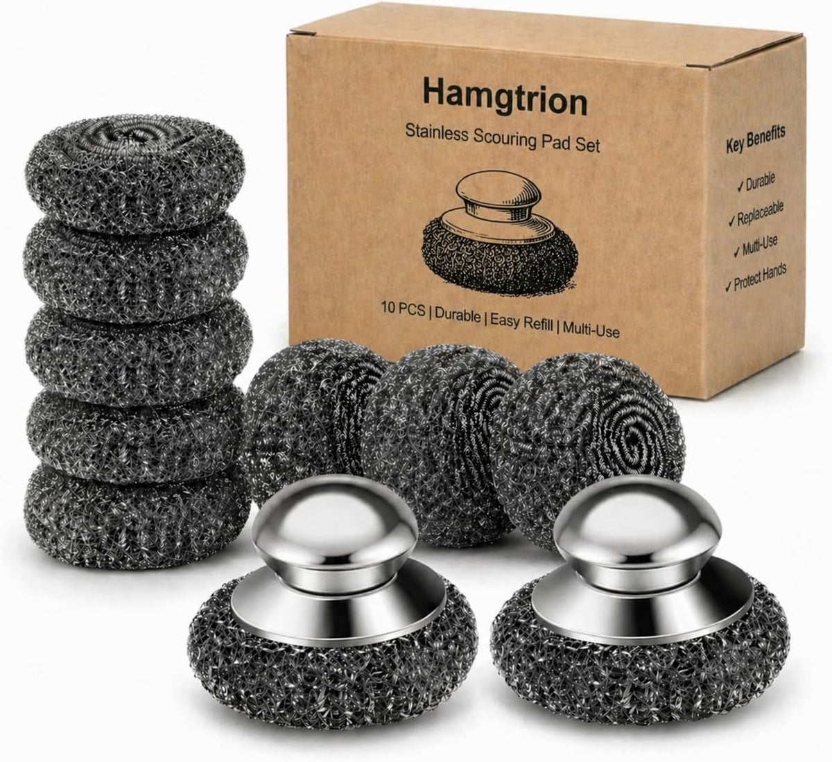 Steel Wool Scrubber, 10-Pack Stainless Steel Scrubber Pads with Handle - The Ultimate Scouring Solution for Rust, Stubborn Messes on Cookware, Grill, Oven & Kitchen Sinks