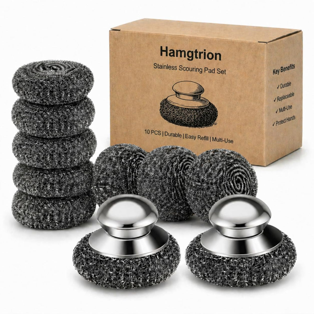 Steel Wool Scrubber, 4-Pack Stainless Steel Scrubber Pads with Handle - The Ultimate Scouring Solution for Rust, Stubborn Messes on Cookware, Grill, Oven & Kitchen Sinks
