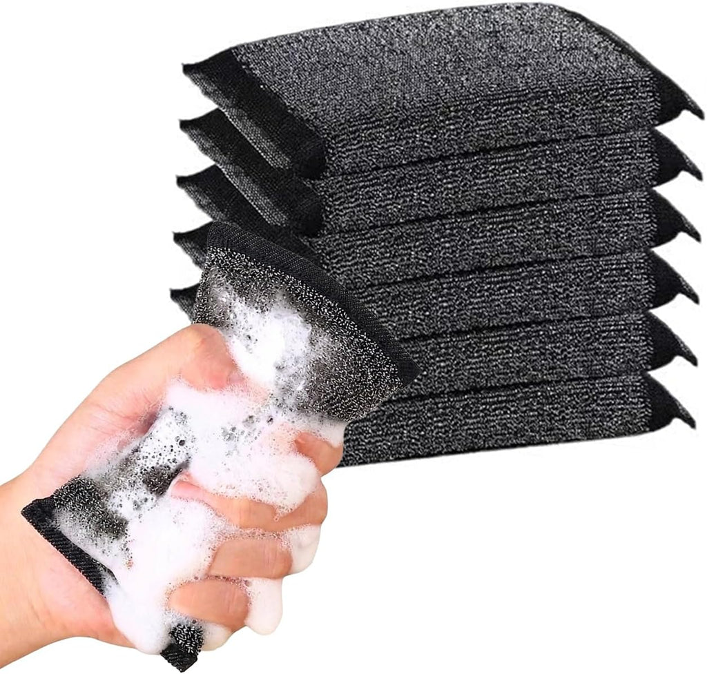 6 Pack Heavy Duty Steel Wool Scrubber Sponges, Stainless Steel Scrubbing Sponge for Pots, Pans & Grills, Multi-Surface Kitchen Dish Scrubber for Cast Iron & Griddle, Black