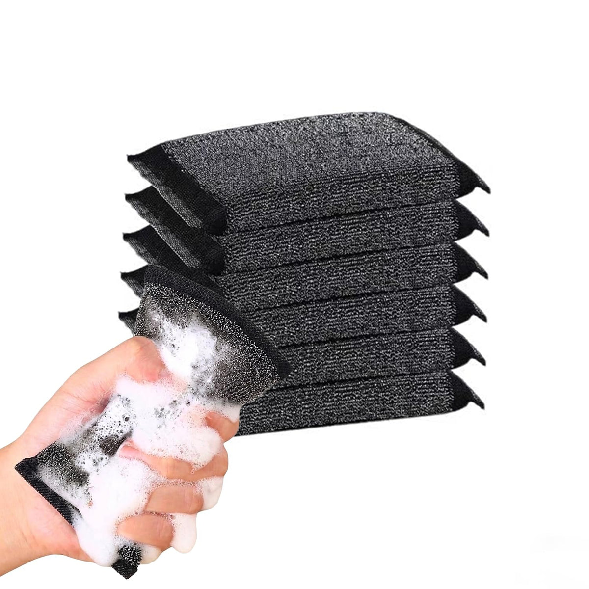 6 Pack Heavy Duty Steel Wool Scrubber Sponges, Stainless Steel Scrubbing Sponge for Pots, Pans & Grills, Multi-Surface Kitchen Dish Scrubber for Cast Iron & Griddle, Black