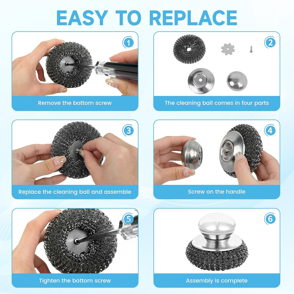 6 Pcs Steel Wool Scrubber, Stainless Steel Scrubber for Cleaning Kitchen and Household Stubborn Messes from Stoves Pans Pots Grill Sink, Replacement Wire Brush Set (Only Replacement Pad)