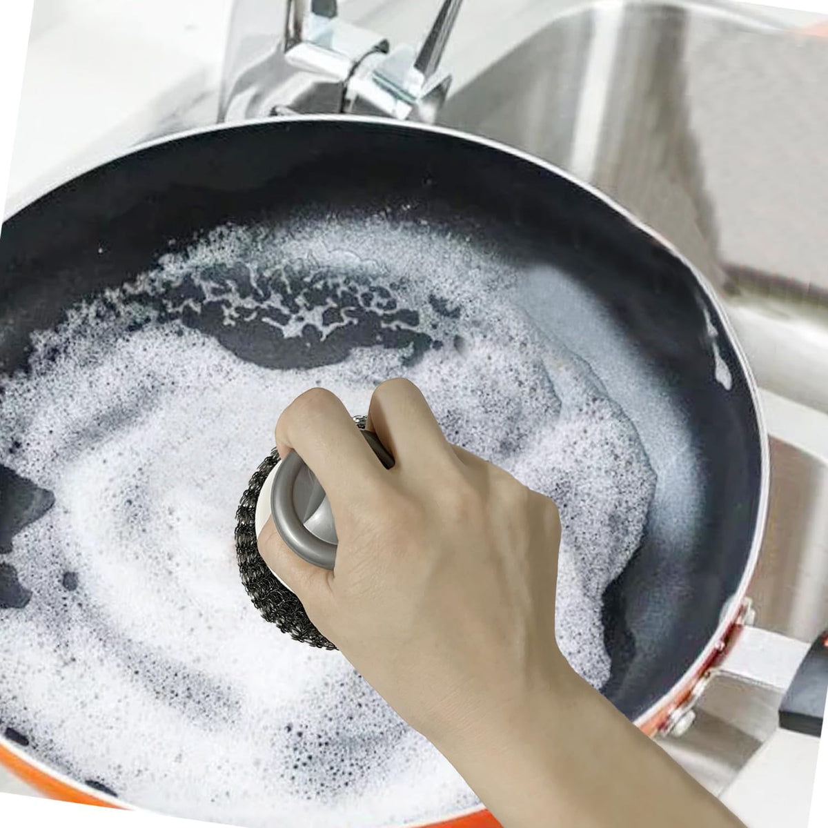 Stainless Steel Wool Scrubber with Handle, Heavy Duty Dish Scrubber, Steel Brush for Cleaning Pots, Pans, Grills, Sink (4 Pack)