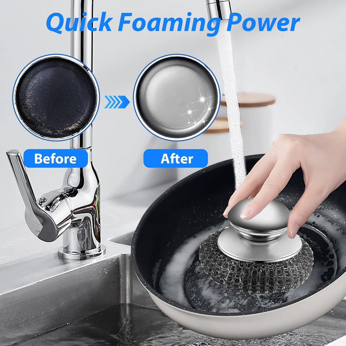 4-Pack Replaceable Steel Wool Scrubber with 2 Handles & 2 Brush Heads, Powerful Stainless Steel Cleaner for Pots, Pans, Grill, Stove Top - Remove Burnt Grease & Stubborn Grime