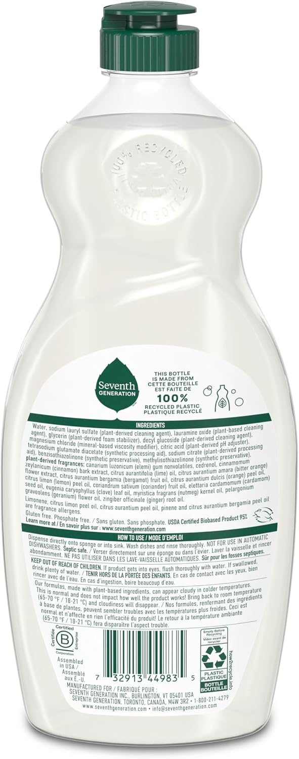 Seventh Generation Dish Soap Fresh Lime & Ginger Scent 1 count Dishwashing Soap Dish Detergent Liquid Soap 19 oz