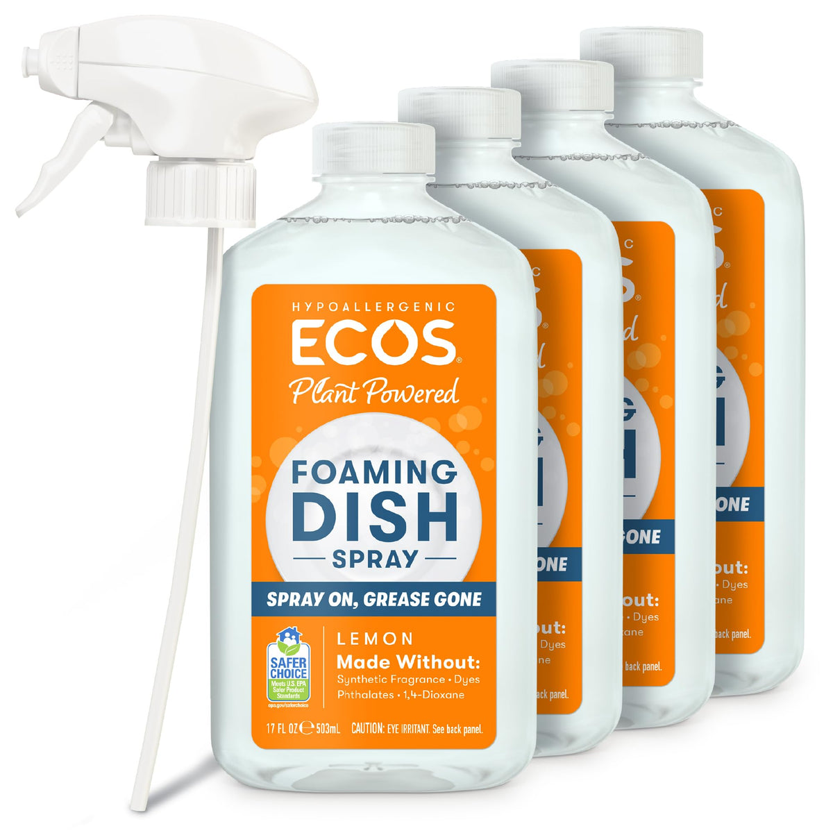 ECOS Foaming Dish Soap, Powerful Spray-On Formula, Saves Water, Wipe & Rinse Dish Cleaner - Hypoallergenic - Free & Clear, 17 Fl Oz (Pack of 4)