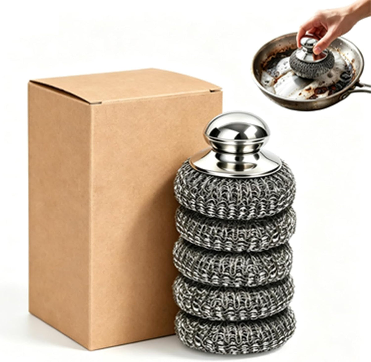 Steel Wool Scrubber, Stainless Steel Scrubber Set-1PCS Dishe Scrubber with Handle with 4PCS Replacement Steel Wool Pads, for Cleaning Dishes, Stoves, Pots and Pans, Grill, Wash Sink, Kitchen
