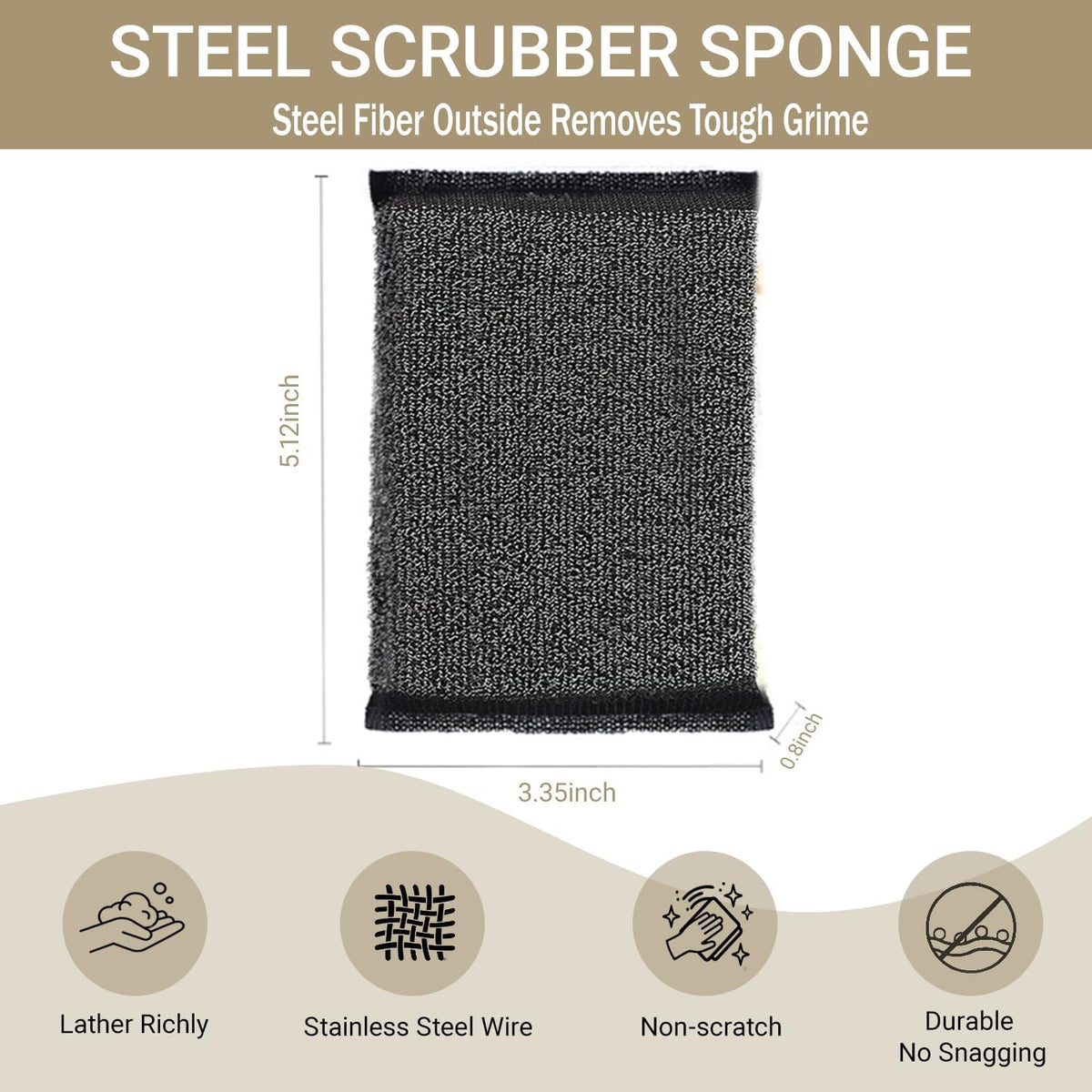 6 Pack Heavy Duty Steel Wool Scrubber Sponges, Stainless Steel Scrubbing Sponge for Pots, Pans & Grills, Multi-Surface Kitchen Dish Scrubber for Cast Iron & Griddle, Black