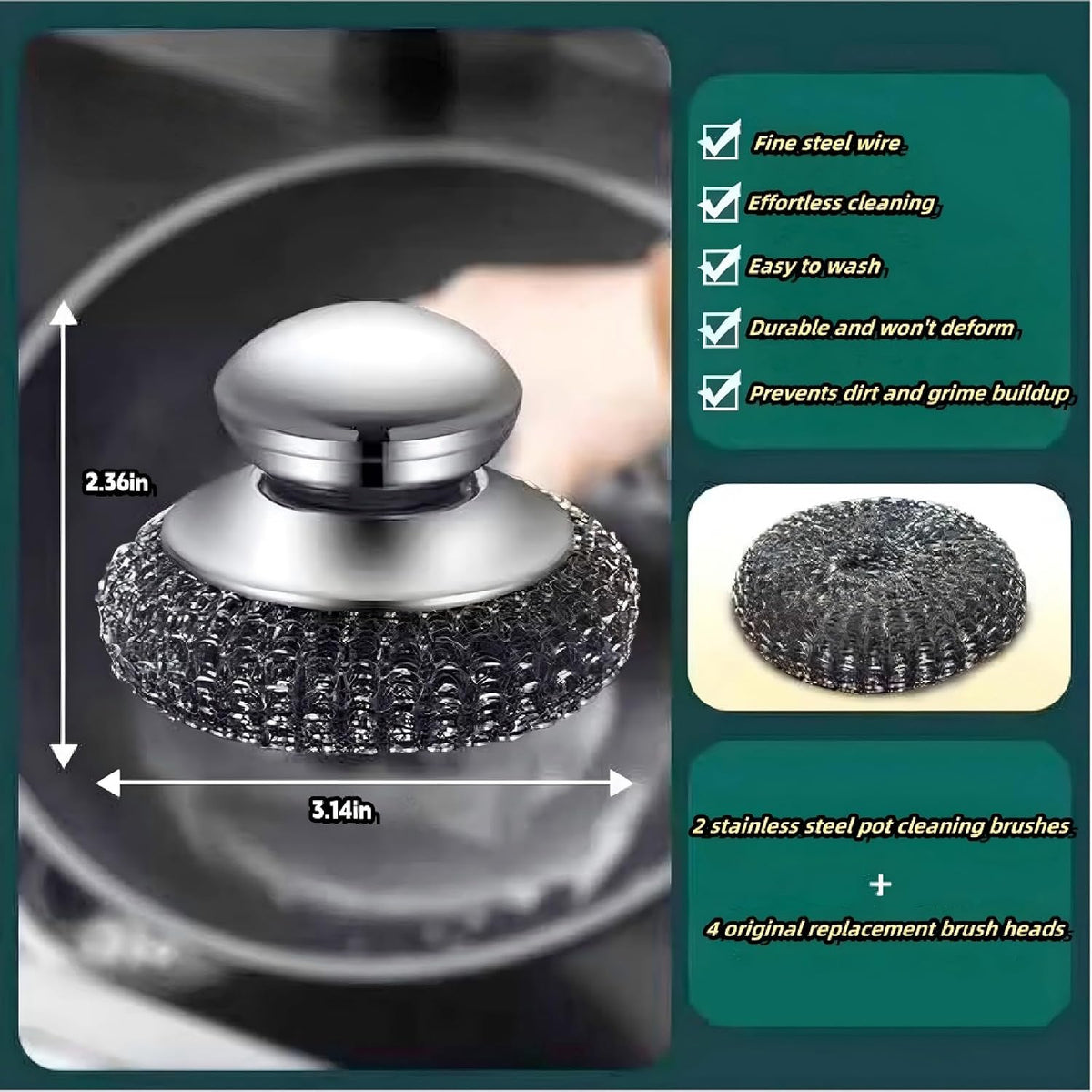 6Pcs Steel Wool Scrubber, Stainless Steel Scouring Pads with 2pcs Handle, Ultimate Cleaning Solution for Dishes, Kitchen Cleaning, Stoves, Pots and Pans, Grill, Wash Sink, Cleaning Dishes