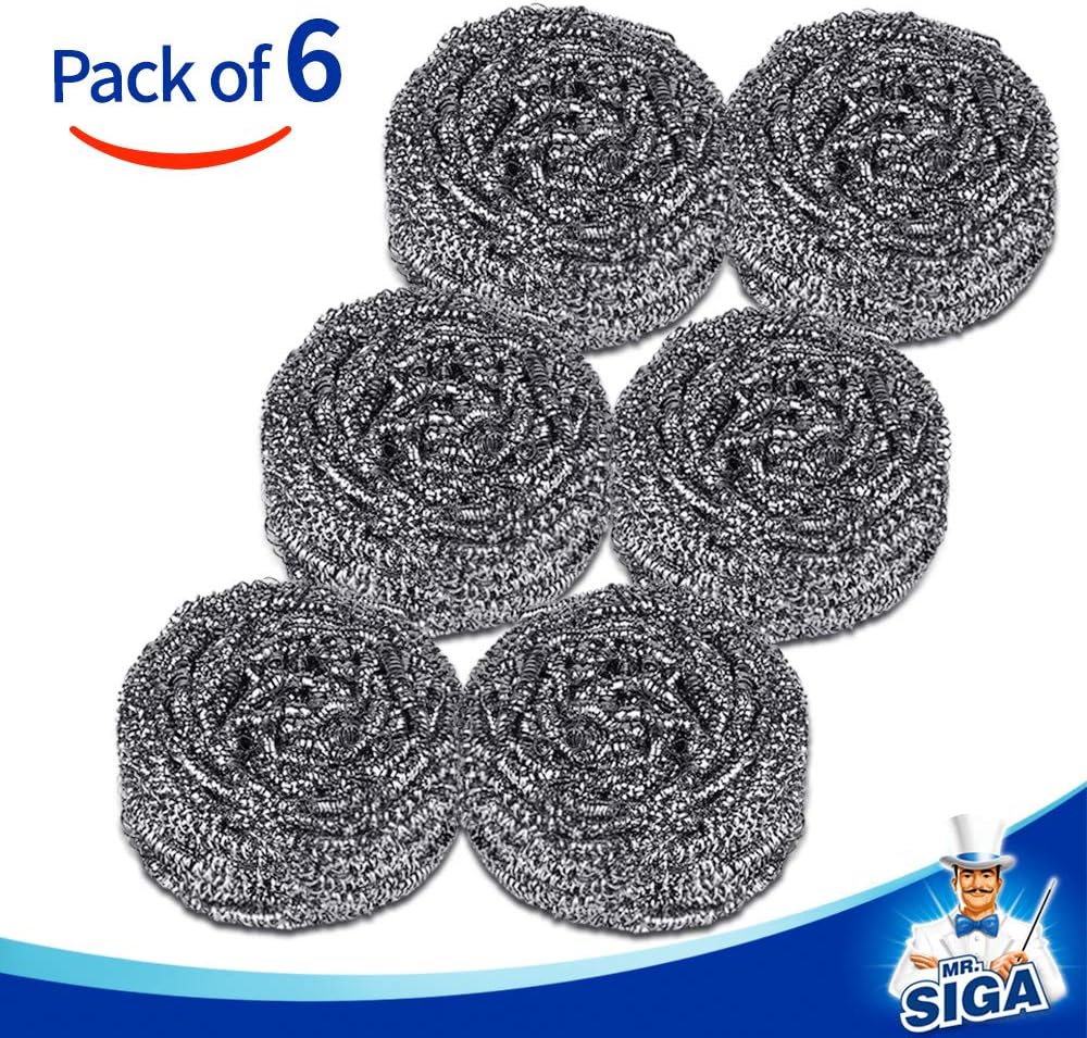 MR.SIGA Stainless Steel Scourer, Steel Wool Scrubbers, Pack of 6