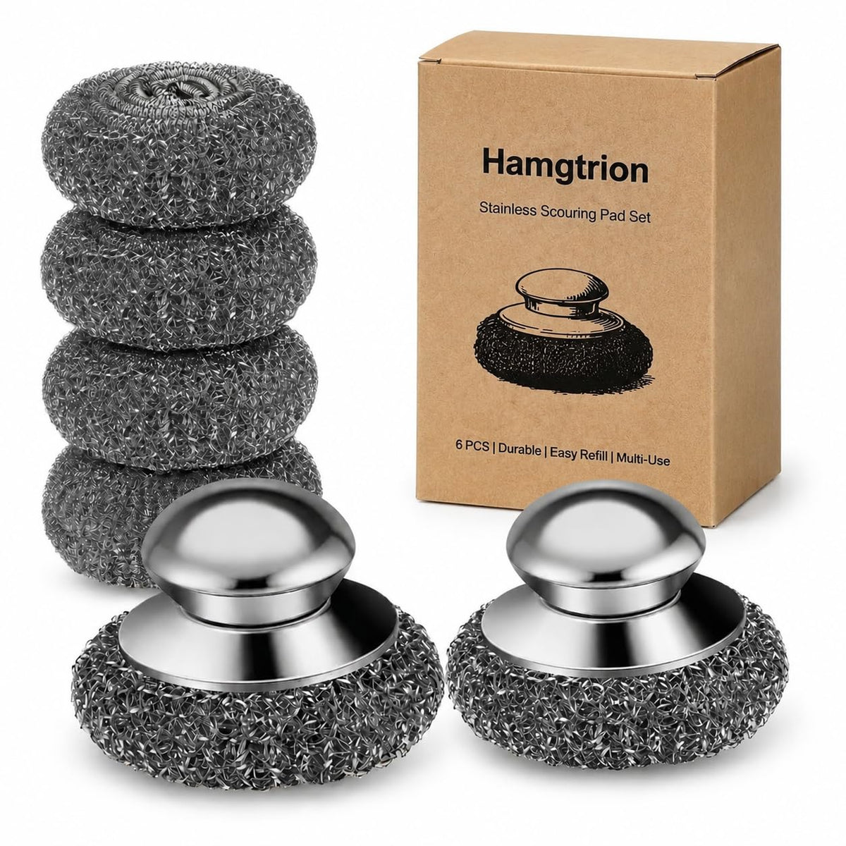 Steel Wool Scrubber, 10-Pack Stainless Steel Scrubber Pads with Handle - The Ultimate Scouring Solution for Rust, Stubborn Messes on Cookware, Grill, Oven & Kitchen Sinks