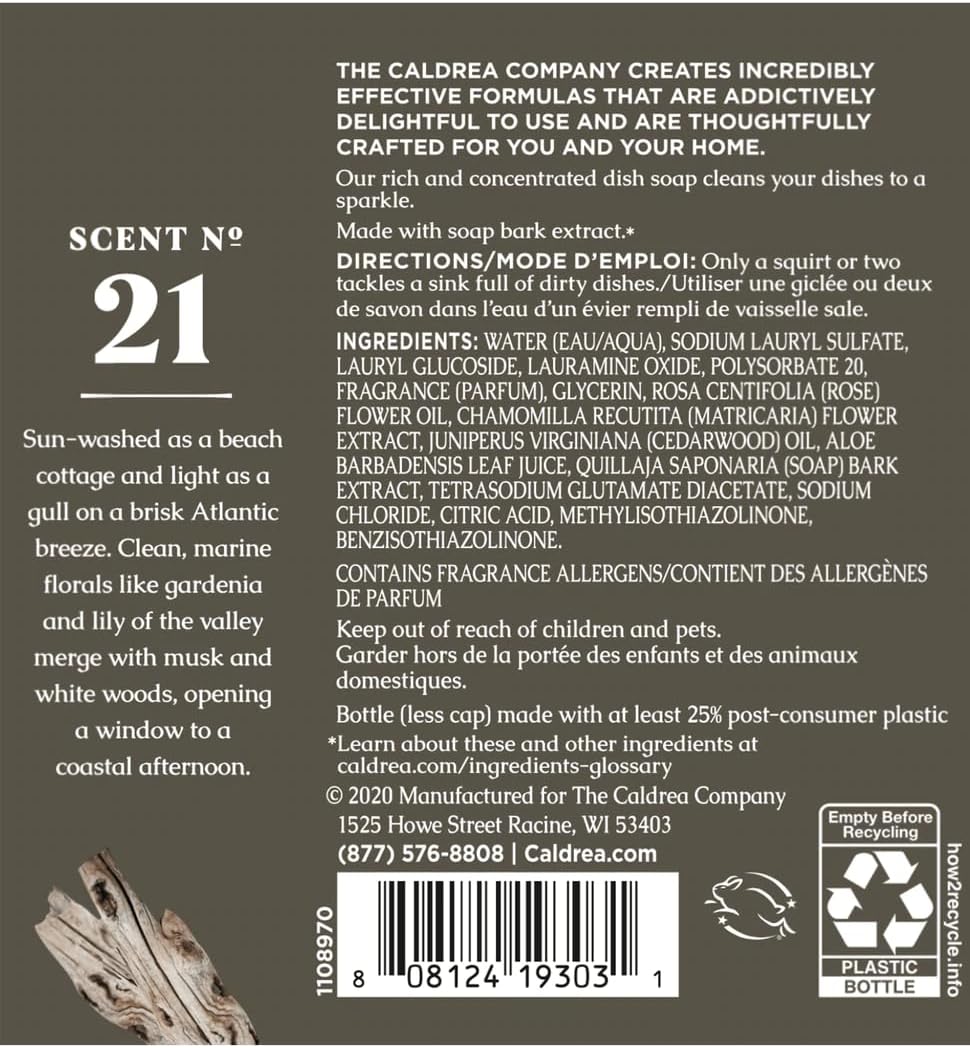 Caldrea Dish Soap, Biodegradable Dishwashing Liquid made with Soap Bark and Aloe Vera, Rosewater Driftwood, 16 oz , 3 Pack