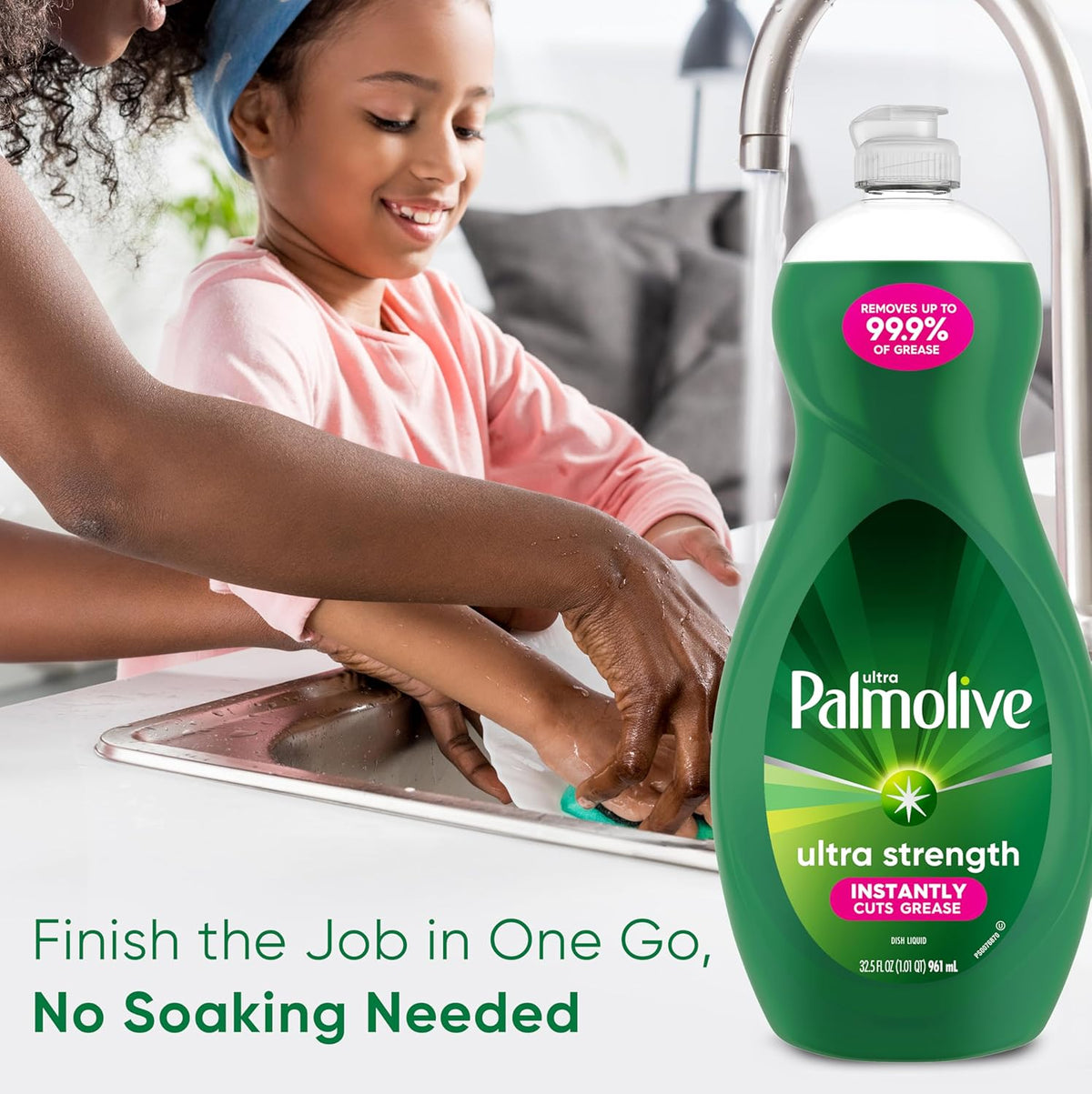 Palmolive Ultra Strength Liquid Dish Soap, Cuts Grease and Grime, No Soaking Needed, Powerful on Plastics, Dishwashing Liquid, 32.5 fl oz Bottle