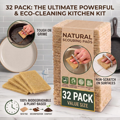 32 Pack Natural Scouring Pads, Coconut Husk Non Scratch Dish Scrubbing Pads