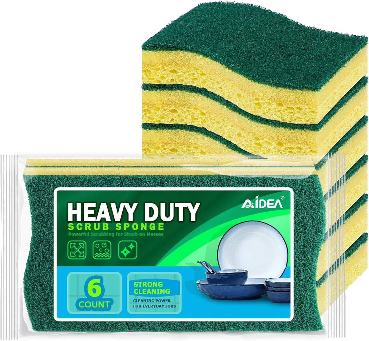 AIDEA Sponges Kitchen, 6Count, Heavy-Duty Scrub Sponges, Sponge for Dishes