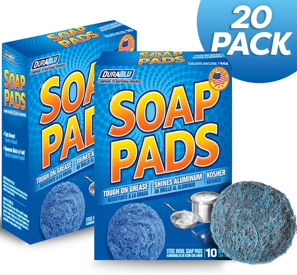 SCRUBIT 20 PK Steel Wool Soap Pads - [Updated Not-Kosher!] - Metal Scouring Cleaning Pads for Dishes, Pots and Ovens - Pre-Soaped scrubbing Pads for Easy Cleaning of Tough Kitchen Grease and Oil
