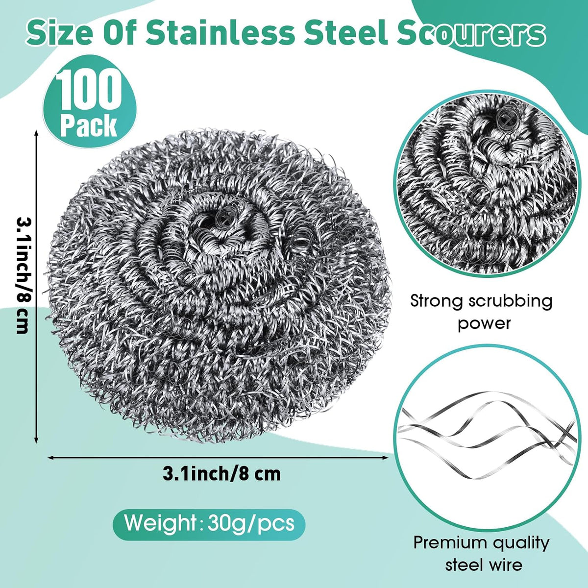 Roshtia 100 Pieces Stainless Steel Scouring Pad Bulk Metal Scrubber for Cleaning Dish 30 Gram Stainless Steel Sponge Round Metal Wool Scrubber for Cleaning Kitchen Bathroom Household