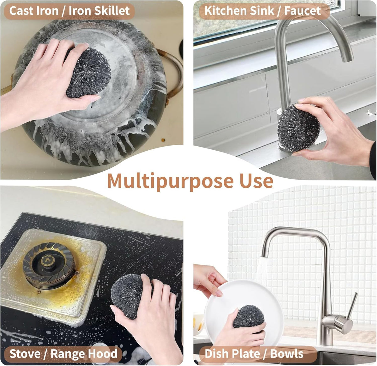 6PCS Steel Wool Scrubber Sponge Set, Barbecue Grill Cleaning Scrubber Pads