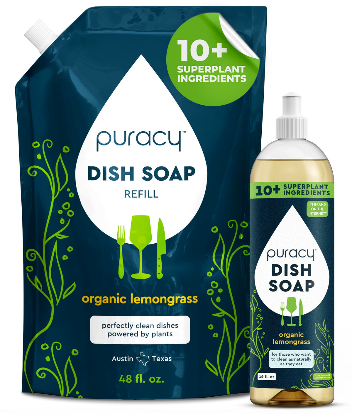 Puracy Natural Dish Soap Refill - Skin-Softening Plant-Based Liquid Dishwashing Detergent Soap, Clean-Rinsing Water-Sheeting Formula (Green Tea & Lime, 48 fl oz)