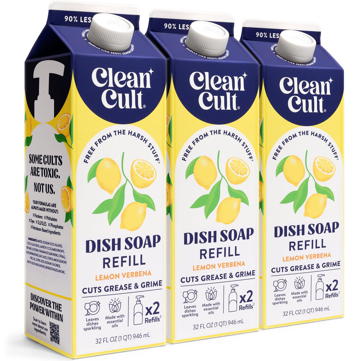 Cleancult Dish Soap Liquid Refill (32oz, 1 Pack) - Plant Based Cleaning Power - Dish Soap that Cuts Grease & Grime - Free of Harsh Chemicals - Uses 90% Less Plastic - Lemon Verbena